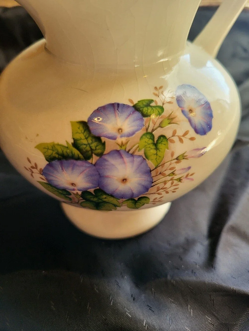 White Ceramic Floral 5.5 x 6 In Pitcher with Blue / Purple Morning Glory Design